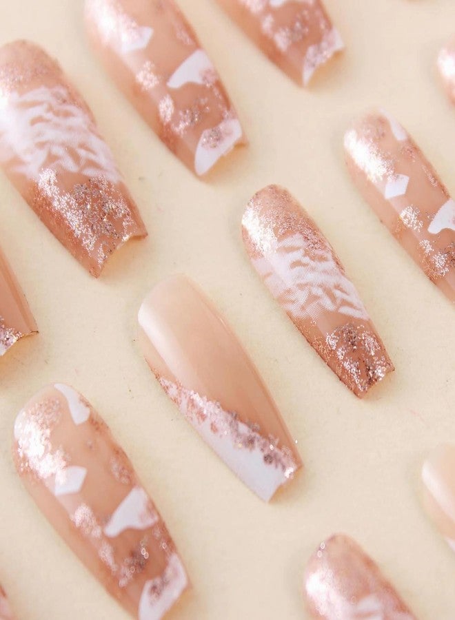 MISUD Press on Nails - Long Coffin Fake Nails with White Ombre, Acrylic Bling Glitter Design 24 pcs - Image 5